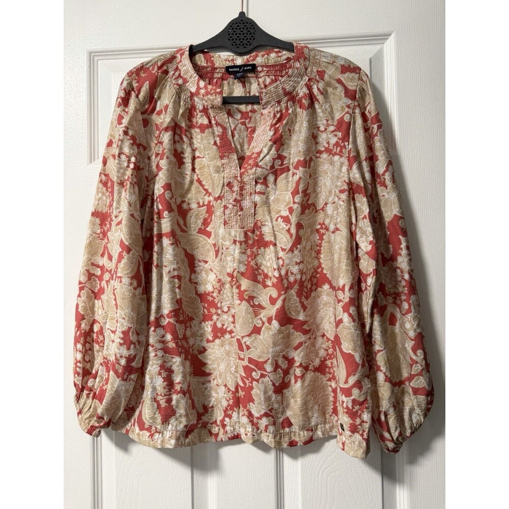 Nautica Jeans Women’s Small Floral Peasant Blouse Coral Boho Long Sleeve Top